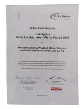 Teilnahmebestätigung Staatspreis: "Beste Lehrbetriebe - Fit for Future 2019"